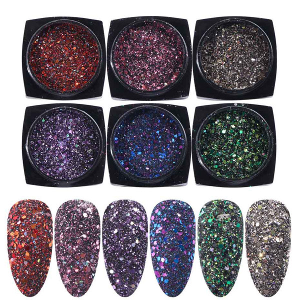 6 Glitter Mix Set für Nailart und Modellage