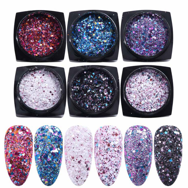 6 Glitter Mix Set für Nailart und Modellage