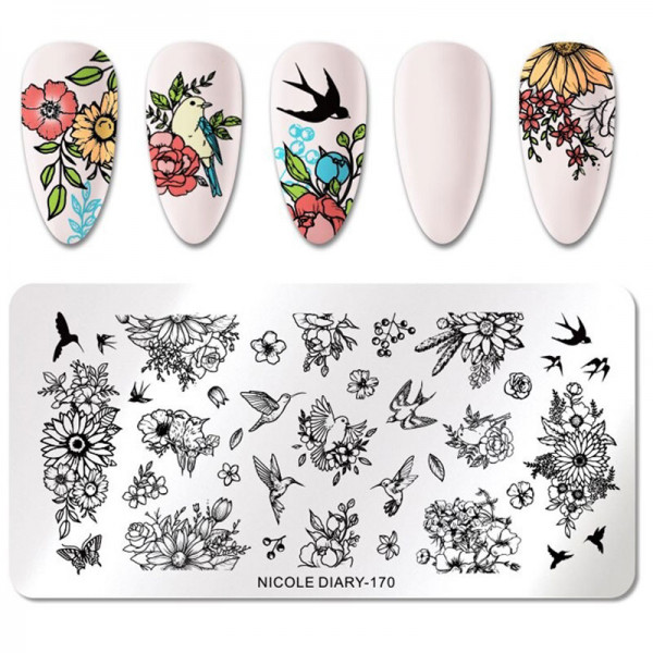 Blume Vögel Stamping Schablone für Nageldesign