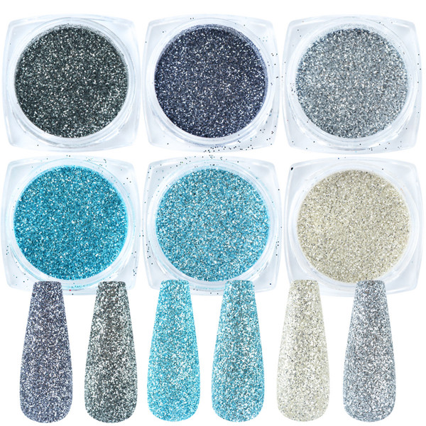 6 Glitter Mix Set für Nailart und Modellage blau