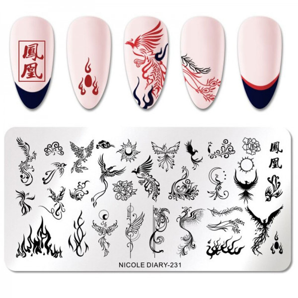Phönix feuer Stamping Schablone Nailart Nageldesign