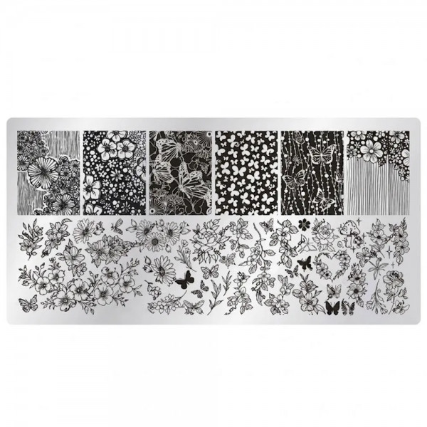stamping schablone mit blumen und schmetterlingen für zarte nägel